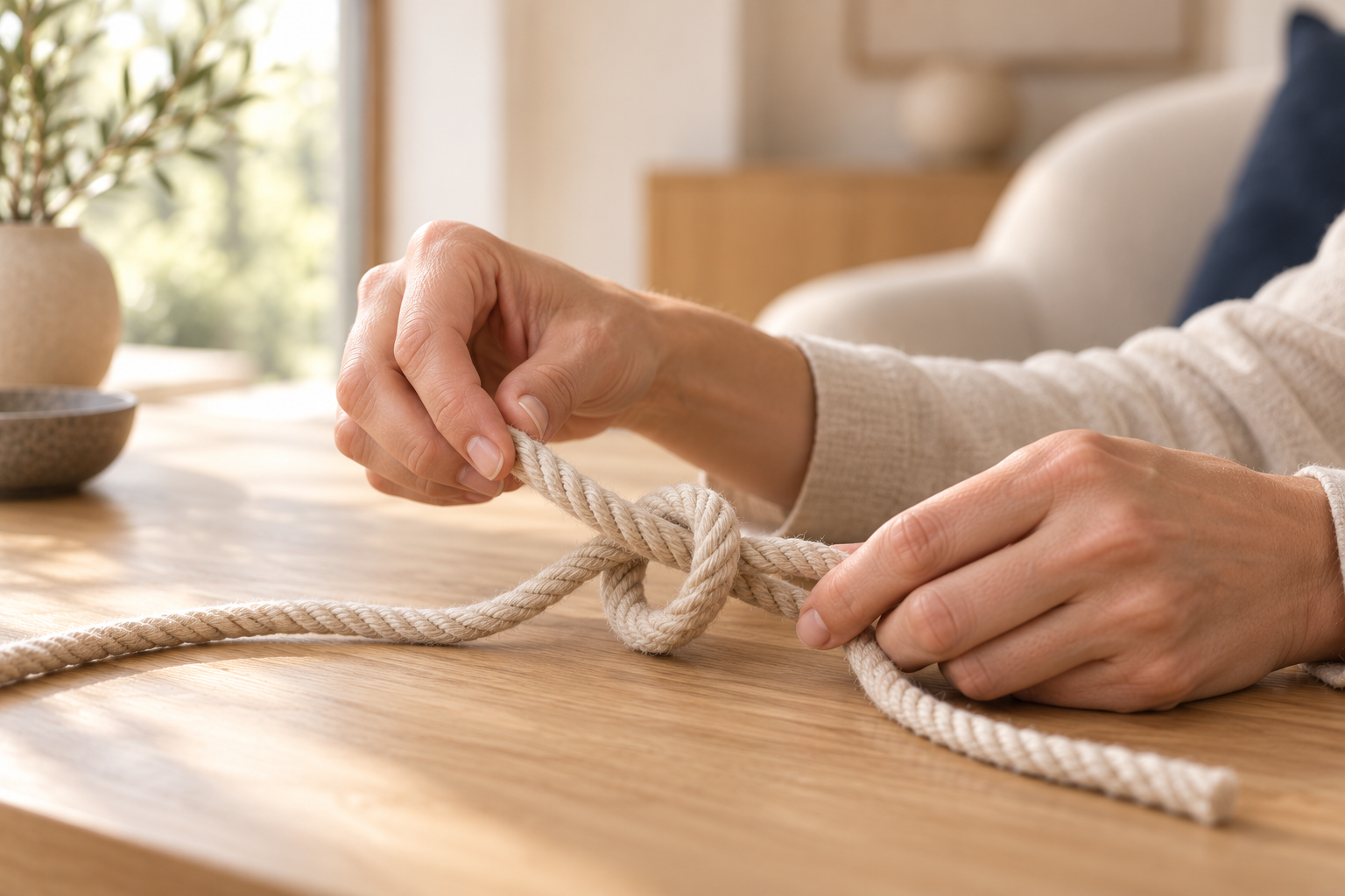 Hände lösen gemeinsam einen Knoten als Symbol für die Klärung eines Anliegens